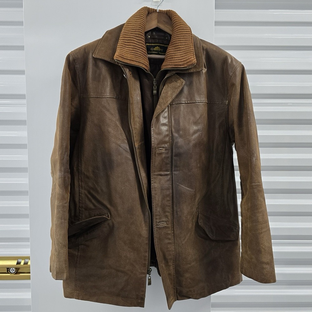 Giovanni Verucci Men's Large Brown Genuine Leather Coat Y2K Distressed Jacket